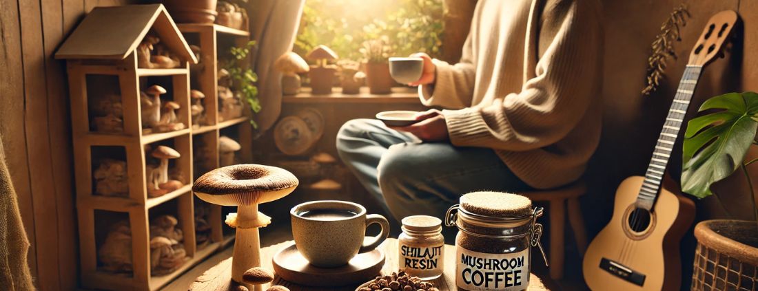 a man drinlking mushroom coffee instead of regular coffee